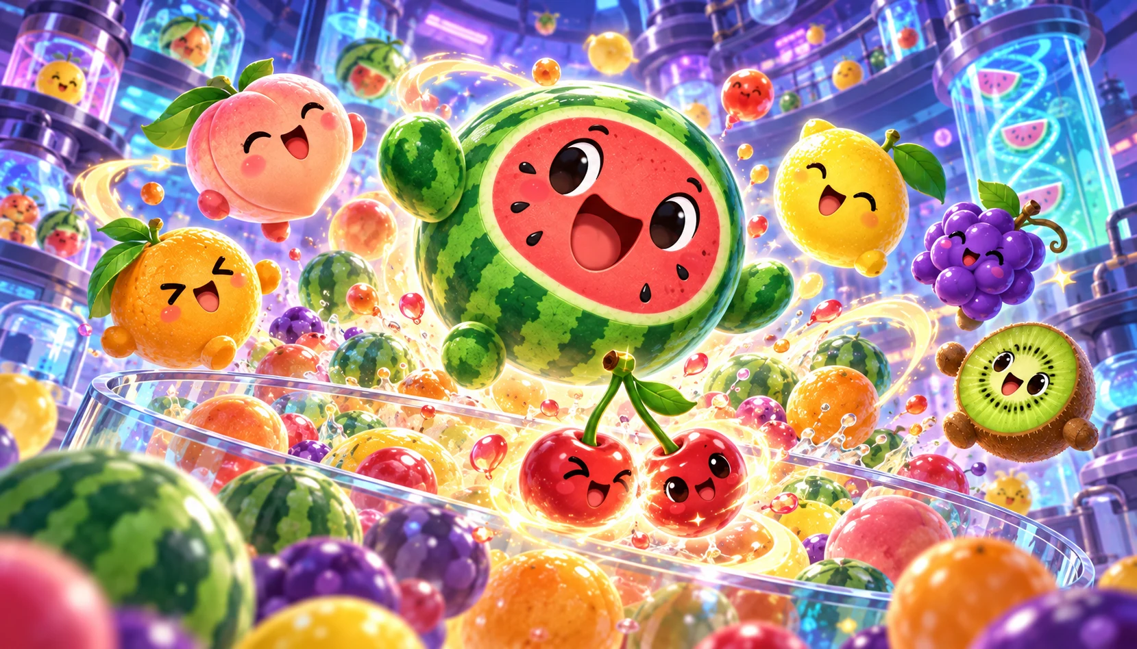 Illustration of a joyful watermelon and colorful jelly fruits swirling above a glass pool in Motion Melon Lab