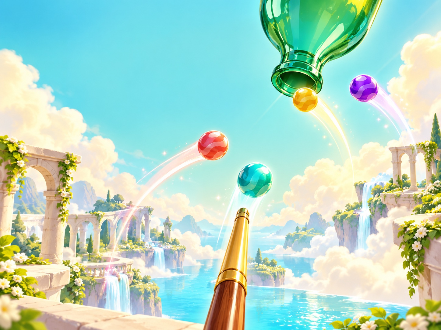 A golden cue launches colorful glass marbles toward an emerald bottle in a bright sky above a turquoise lake