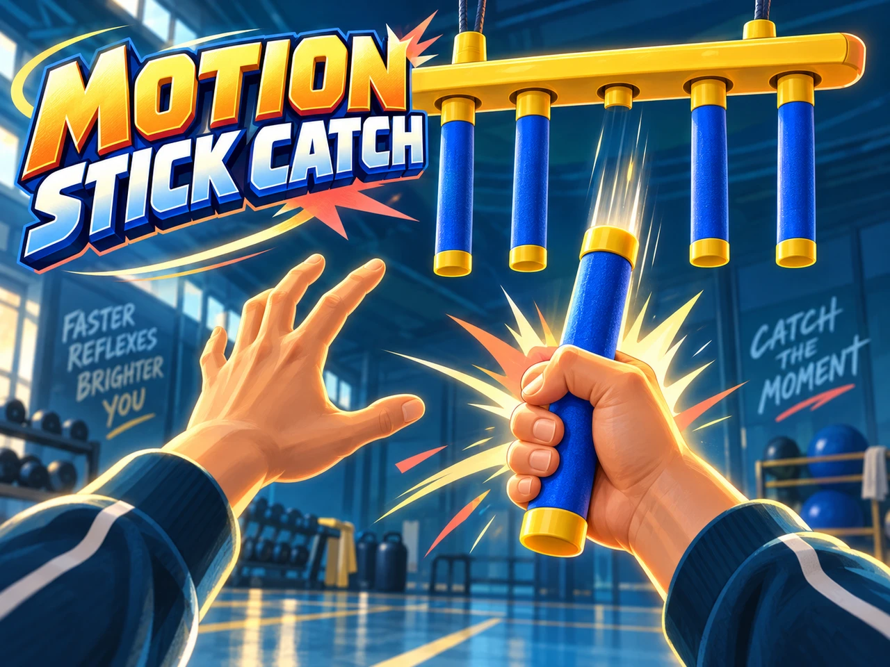Motion Stick Catch illustrated game cover with hands catching a falling blue stick from a yellow rack